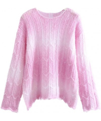 Women Fall Cute Crew Neck Long Sleeve Floral Gradient Loose Fit Light Mohair Pullover Sweater Trendy Pink $12.47 Sweaters