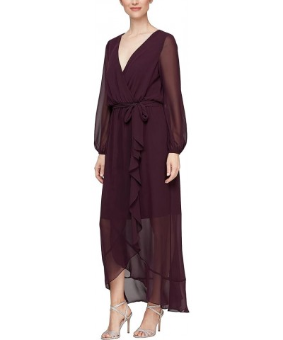 Women's Short Sleeve Chiffon V-Neck Wrap Dress with Cascade Ruffle Aubergine Long Sleeve $43.88 Dresses