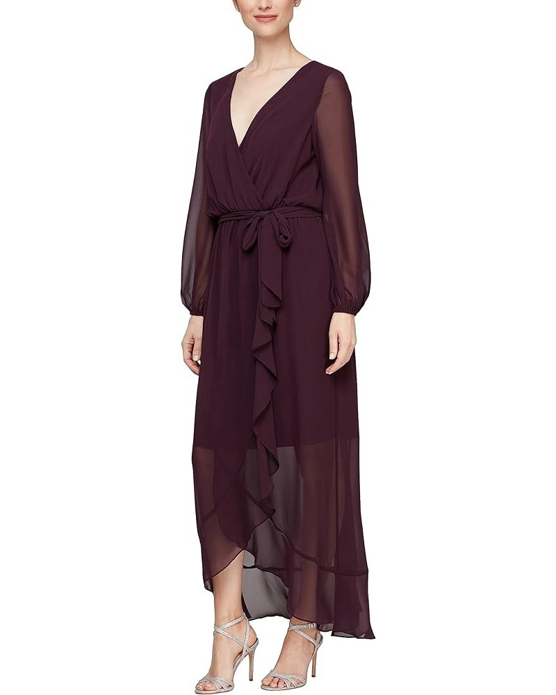 Women's Short Sleeve Chiffon V-Neck Wrap Dress with Cascade Ruffle Aubergine Long Sleeve $43.88 Dresses