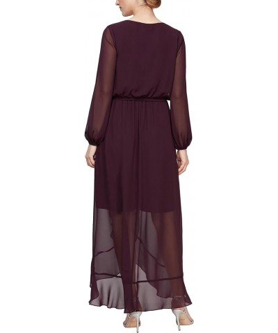 Women's Short Sleeve Chiffon V-Neck Wrap Dress with Cascade Ruffle Aubergine Long Sleeve $43.88 Dresses