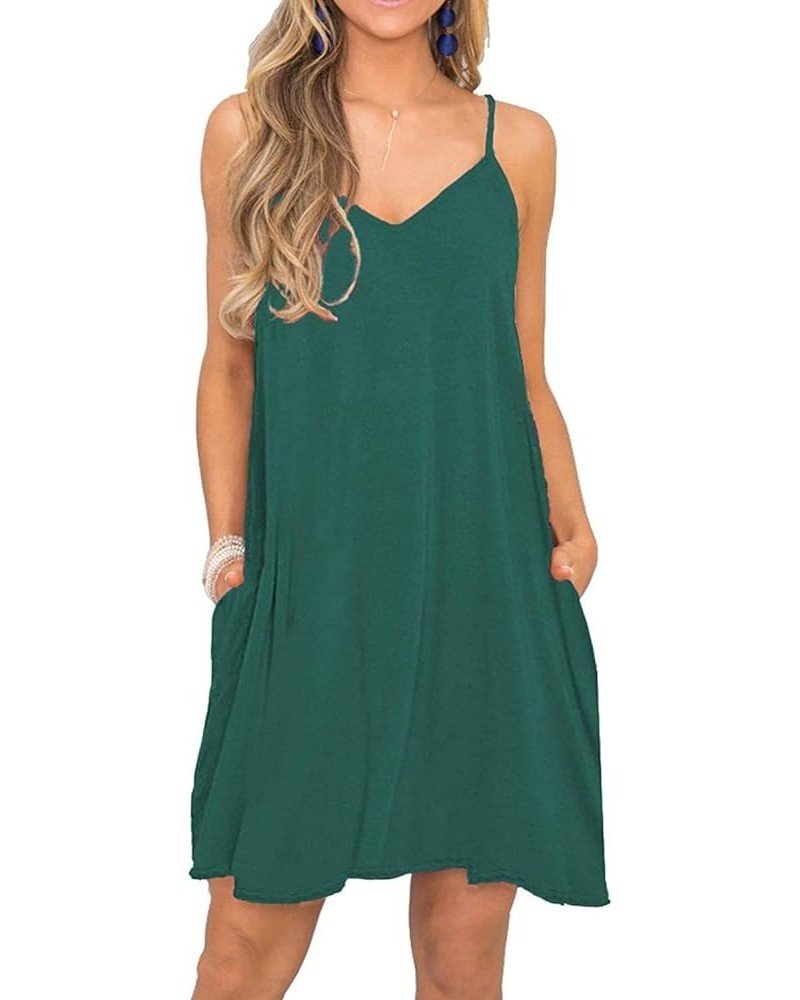 Women's Summer Spaghetti Strap Casual Swing Tank Beach Cover Up Dress with Pockets 0 Dark Green $13.80 Dresses