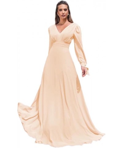 Elegant Chiffon Long Sleeve Bridesmaid Dresses for Women Long V Neck Formal Dresses A-line Pleated Party Gowns WZY50 Peach $3...