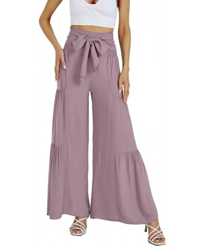 Women's Casual Tie Front Smocked High Waist Wide Leg Pleated Palazzo Lounge Pant Purple $19.46 Pants