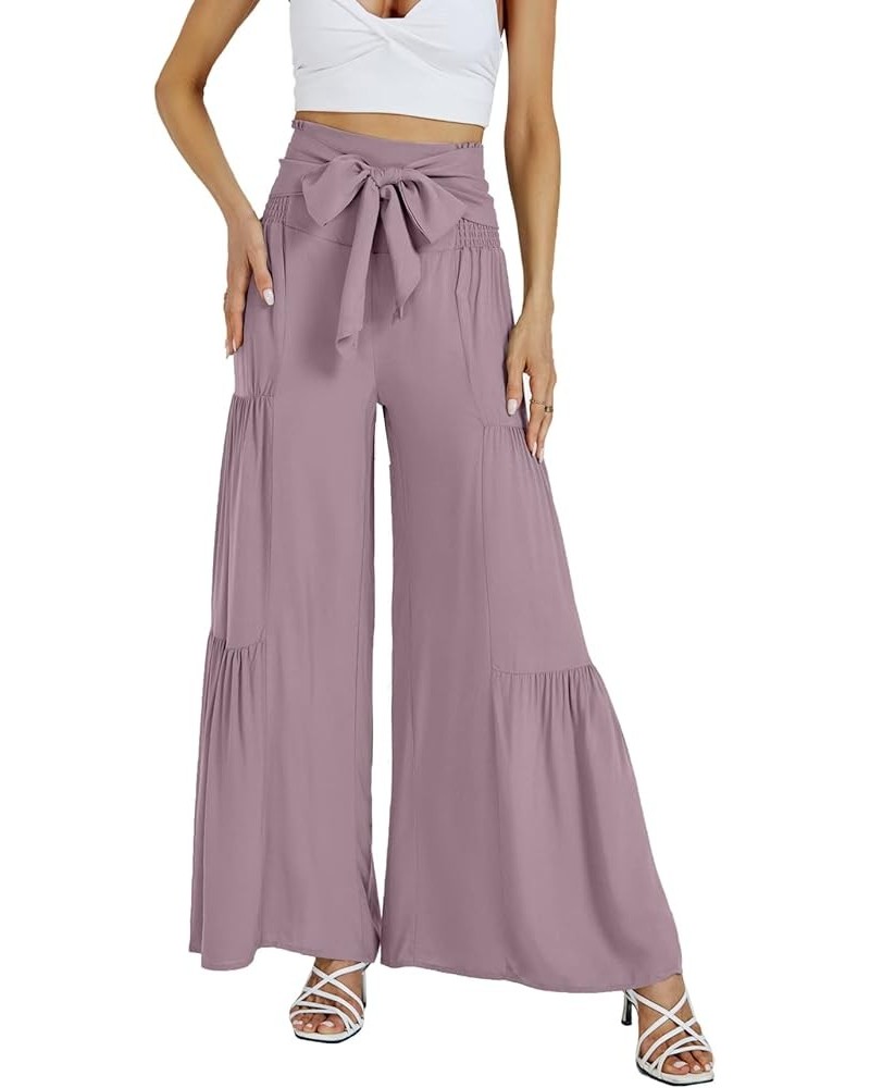 Women's Casual Tie Front Smocked High Waist Wide Leg Pleated Palazzo Lounge Pant Purple $19.46 Pants