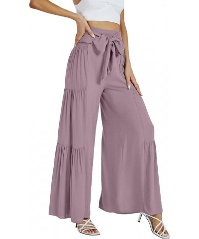 Women's Casual Tie Front Smocked High Waist Wide Leg Pleated Palazzo Lounge Pant Purple $19.46 Pants