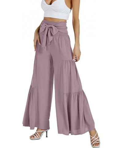 Women's Casual Tie Front Smocked High Waist Wide Leg Pleated Palazzo Lounge Pant Purple $19.46 Pants