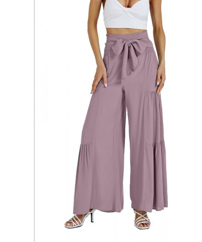 Women's Casual Tie Front Smocked High Waist Wide Leg Pleated Palazzo Lounge Pant Purple $19.46 Pants