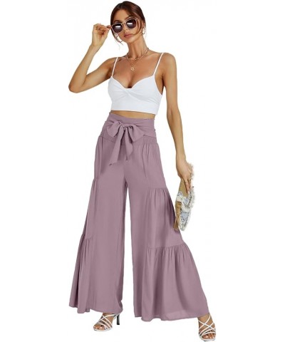 Women's Casual Tie Front Smocked High Waist Wide Leg Pleated Palazzo Lounge Pant Purple $19.46 Pants