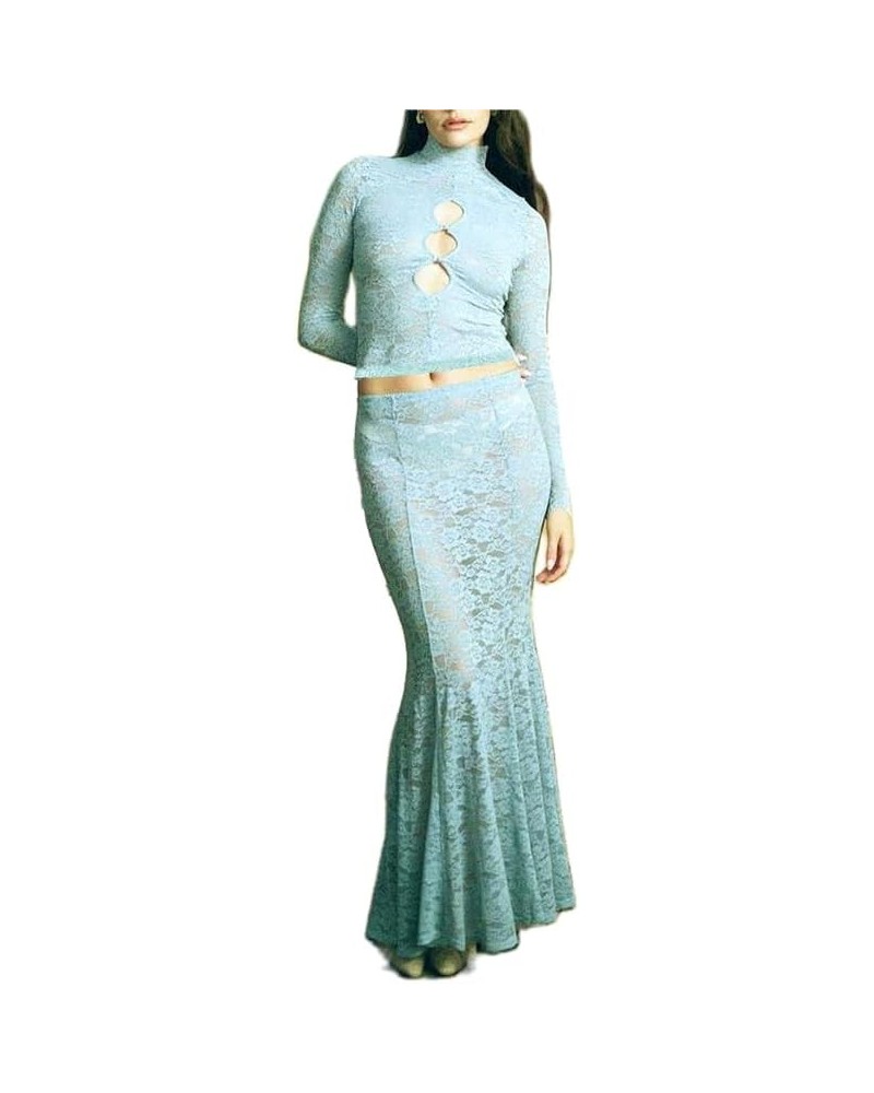 Women Y2k 2 Piece Outfits Lace Trim Off Shoulder Tube Top Bodycon Maxi Skirt Set Party Club Streetwear C3-blue-c3 $8.39 Suits