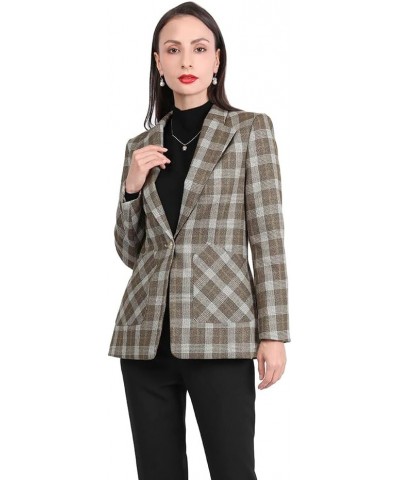 Womens Business Blazer Solid Ruffles Stand Collar Lightweight Office Work Jacket Coat Brown Plaid $15.11 Suits