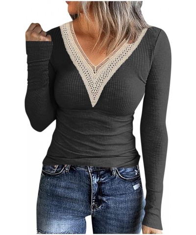 Women's Long Sleeve Henley Tshirts Button Down Slim Fit Casual Basic Tops Blouse Scoop Neck Ribbed Knit Shirts A11-dark Gray ...