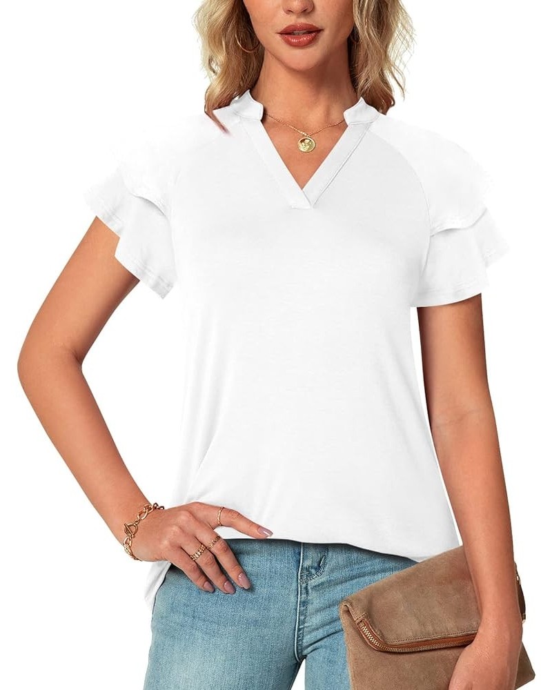 Womens Summer Tops Notch V Neck Tunic Tops Short Sleeve Loose Work Blouse Tshirts Short sleeve Hy-white $10.19 Tops