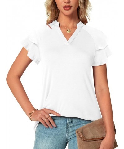 Womens Summer Tops Notch V Neck Tunic Tops Short Sleeve Loose Work Blouse Tshirts Short sleeve Hy-white $10.19 Tops