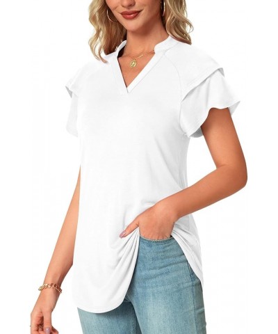 Womens Summer Tops Notch V Neck Tunic Tops Short Sleeve Loose Work Blouse Tshirts Short sleeve Hy-white $10.19 Tops