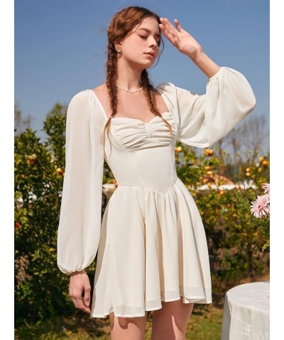 Women's Long Sleeve Sweetheart Neck Lantern Sleeve Ruched Bust Ruffle Trim Mini Dress White $21.60 Dresses