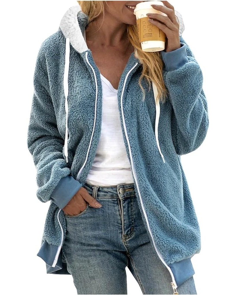 Womens Fuzzy Fleece Hoodies Teddy Plush Sherpa Lined Plus Size Solid Long Sleeves Drawstring Lightweight Warm Outwear Blue $2...