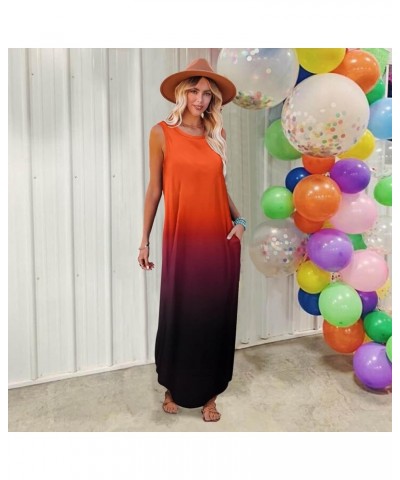 Women's Casual Summer Loose Sunresses Long Dresses Sleeveless Split Maxi Beach Dress with Pockets 1-gradient Orange $18.45 Dr...