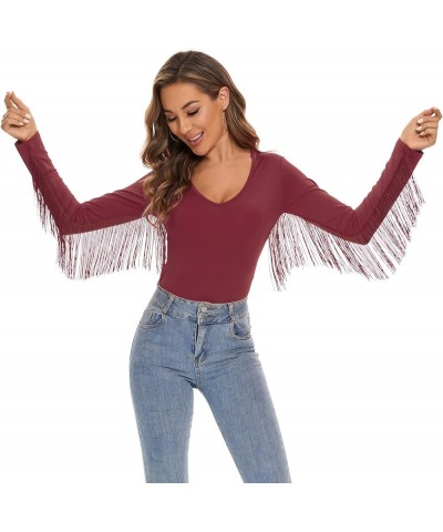 Women's Fringe Trim V Neck Long Sleeve Bodysuit Top Body Suit Concert Cowgirl Disco Outfits Leotard Jumpsuit Wine Red $16.23 ...