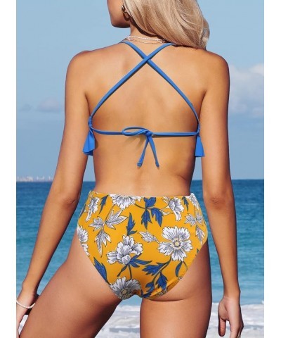 Two Piece High Waisted Bikinis Swimsuits Tummy Coverage Bathing Suits 14blue Floral $16.80 Swimsuits