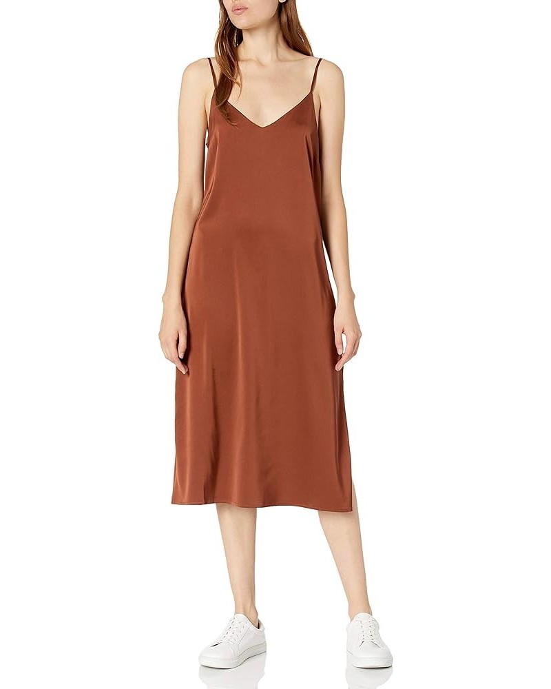 Women's Ana Silky V-Neck Midi Slip Dress Dark Toffee Brown $23.04 Dresses