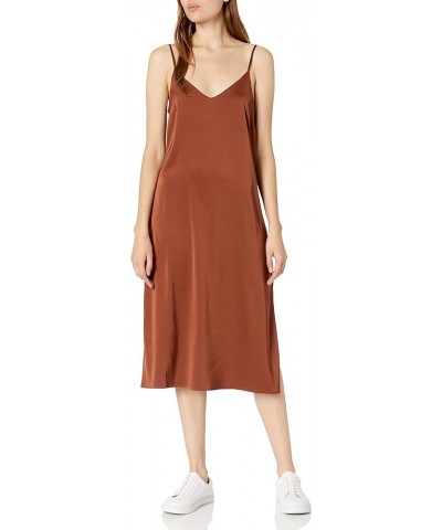 Women's Ana Silky V-Neck Midi Slip Dress Dark Toffee Brown $23.04 Dresses