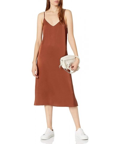 Women's Ana Silky V-Neck Midi Slip Dress Dark Toffee Brown $23.04 Dresses