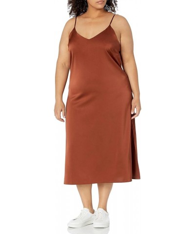 Women's Ana Silky V-Neck Midi Slip Dress Dark Toffee Brown $23.04 Dresses