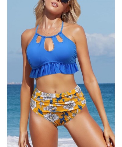 Two Piece High Waisted Bikinis Swimsuits Tummy Coverage Bathing Suits 14blue Floral $16.80 Swimsuits