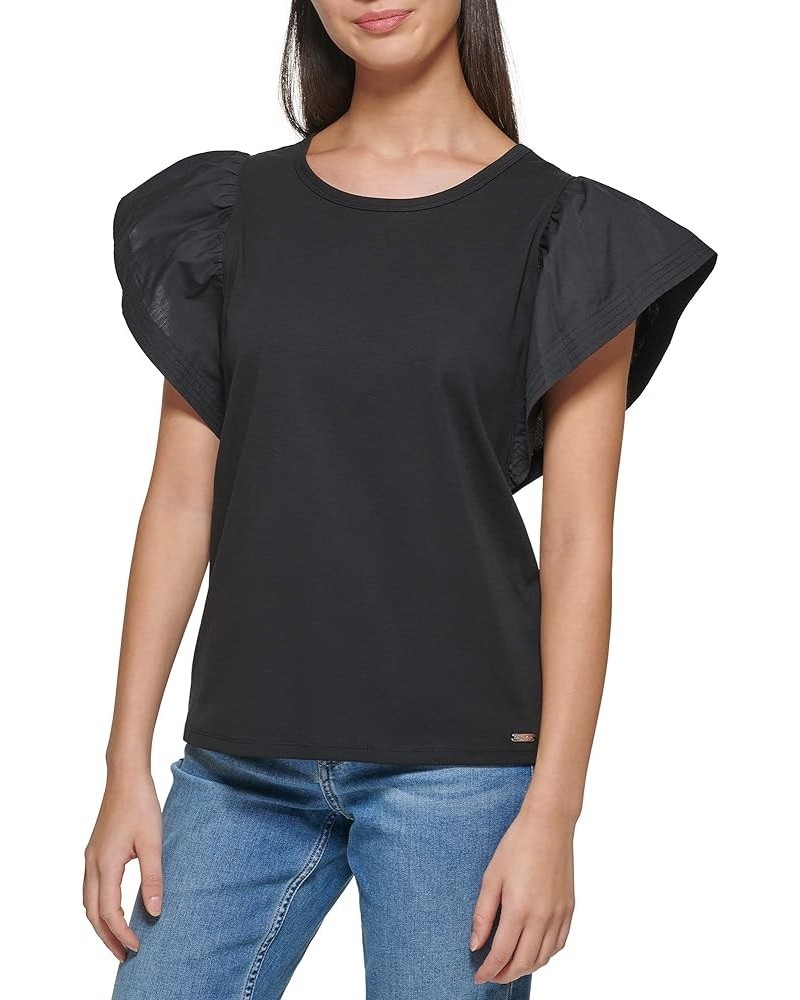 Women's Petite Essential Cotton Modal Jersey Ruffle Sleeve Shirt (Regular and Plus Sizes) Black $11.99 Blouses