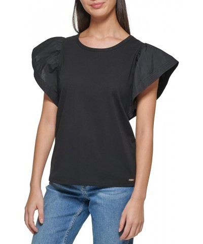 Women's Petite Essential Cotton Modal Jersey Ruffle Sleeve Shirt (Regular and Plus Sizes) Black $11.99 Blouses