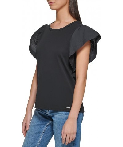 Women's Petite Essential Cotton Modal Jersey Ruffle Sleeve Shirt (Regular and Plus Sizes) Black $11.99 Blouses