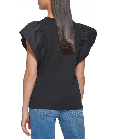 Women's Petite Essential Cotton Modal Jersey Ruffle Sleeve Shirt (Regular and Plus Sizes) Black $11.99 Blouses