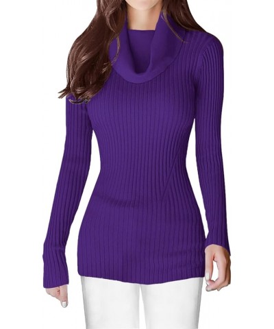 Women's Stretchable Cowl Neck Knit Long Sleeve Slim Fit Bodycon Sexy Sweater Cowlneck Purple2 $20.85 Sweaters