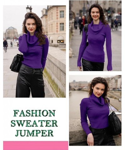 Women's Stretchable Cowl Neck Knit Long Sleeve Slim Fit Bodycon Sexy Sweater Cowlneck Purple2 $20.85 Sweaters