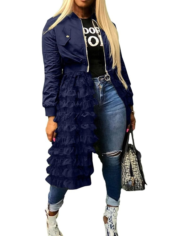 Women Zip Up Long Bomber Jacket Tiered Mesh Tulle Dress Sheer Jacket Trench Coat Navy $16.32 Coats