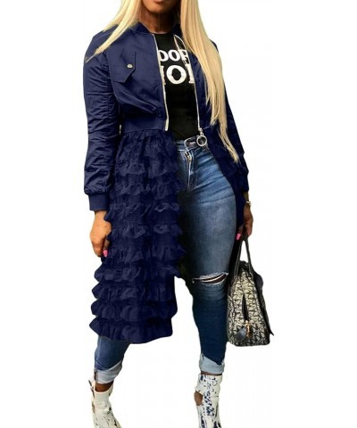 Women Zip Up Long Bomber Jacket Tiered Mesh Tulle Dress Sheer Jacket Trench Coat Navy $16.32 Coats