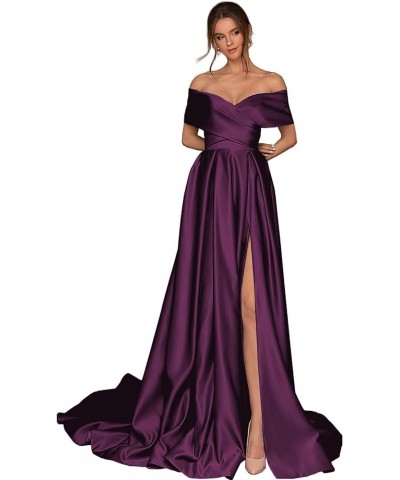 Women's Off The Shoulder Satin Prom Dresses Long High Slit A-line Formal Party Evening Gown with Pockets Plum $40.80 Dresses