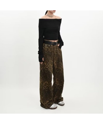 Tan Leopard Jeans Women&Men Denim Pants Female Oversize Wide Leg Trousers Street Wear Hip Hop Vintage Cotton Loose Casual Sma...