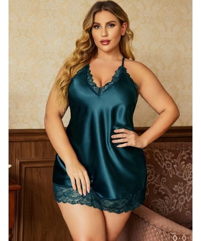 Women Lingerie Plus Size Satin Lace Chemise Nightgown Sexy Full Slips Sleepwear L-4XL Green $11.50 Sleep & Lounge