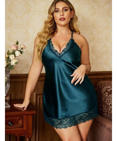 Women Lingerie Plus Size Satin Lace Chemise Nightgown Sexy Full Slips Sleepwear L-4XL Green $11.50 Sleep & Lounge