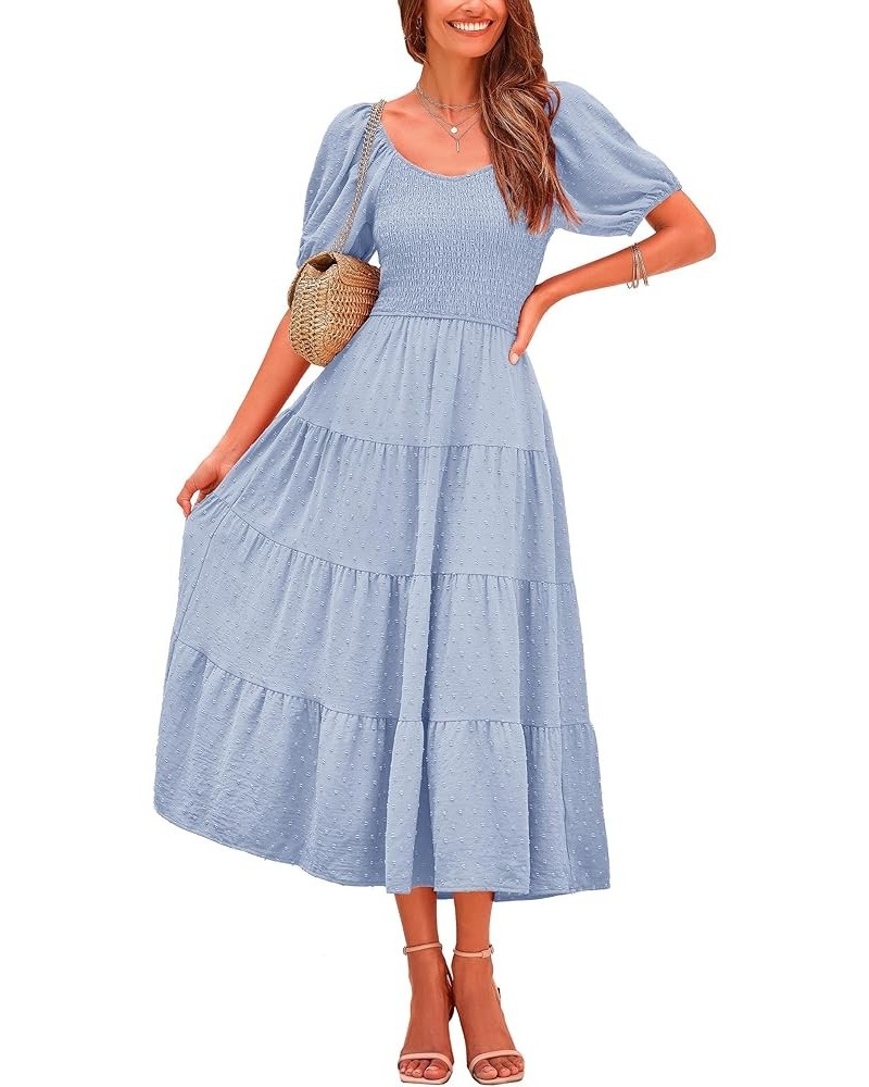 Women's Summer Casual Midi Dress Puff Sleeve Swiss Dot Long Flowy A Line Dresses Light Blue $26.49 Dresses