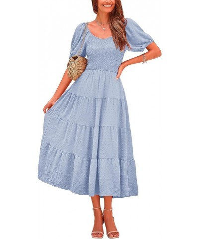 Women's Summer Casual Midi Dress Puff Sleeve Swiss Dot Long Flowy A Line Dresses Light Blue $26.49 Dresses