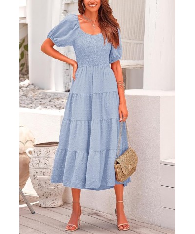 Women's Summer Casual Midi Dress Puff Sleeve Swiss Dot Long Flowy A Line Dresses Light Blue $26.49 Dresses