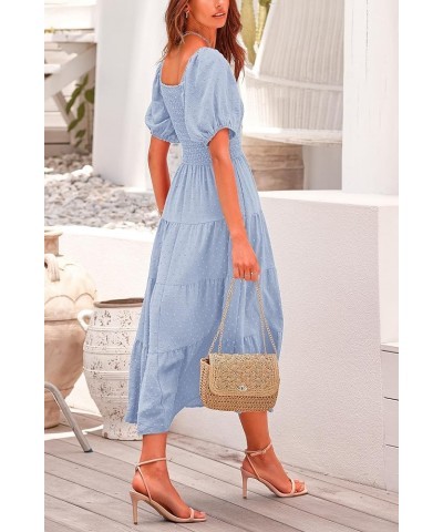 Women's Summer Casual Midi Dress Puff Sleeve Swiss Dot Long Flowy A Line Dresses Light Blue $26.49 Dresses