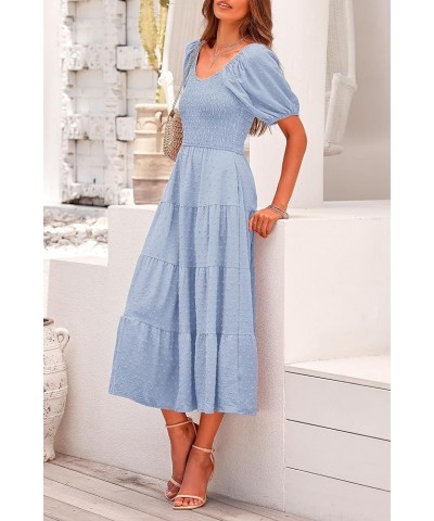 Women's Summer Casual Midi Dress Puff Sleeve Swiss Dot Long Flowy A Line Dresses Light Blue $26.49 Dresses