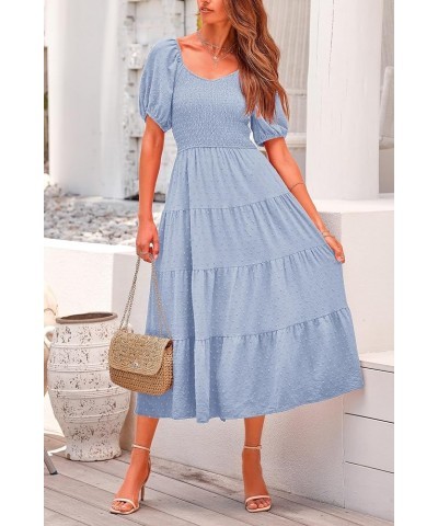 Women's Summer Casual Midi Dress Puff Sleeve Swiss Dot Long Flowy A Line Dresses Light Blue $26.49 Dresses