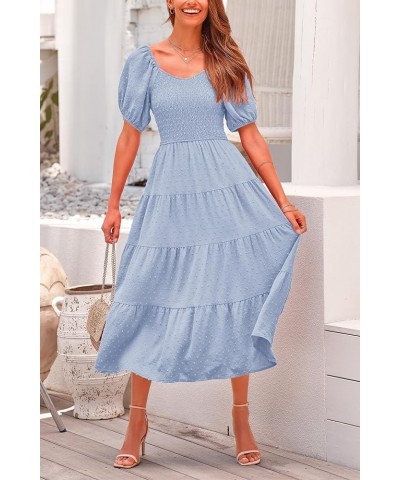 Women's Summer Casual Midi Dress Puff Sleeve Swiss Dot Long Flowy A Line Dresses Light Blue $26.49 Dresses