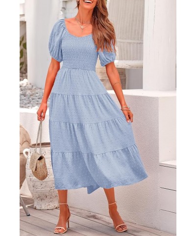 Women's Summer Casual Midi Dress Puff Sleeve Swiss Dot Long Flowy A Line Dresses Light Blue $26.49 Dresses