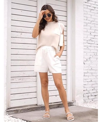 Women's Two Piece Knit Outfits Sweater Sets Solid Pullover High Waist Lounge Short Pants White $16.09 Activewear