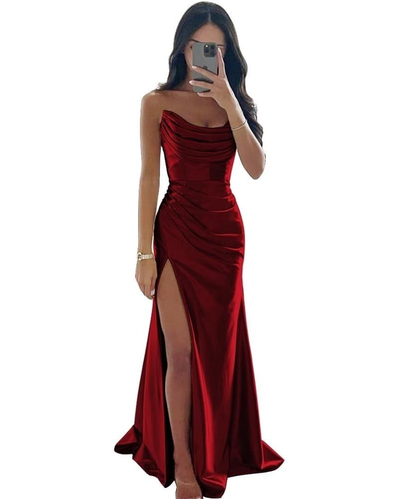 Women's Satin Bridesmaid Dresses Strapless Prom Dresses Long Pleated Mermaid Formal Party Dress with Slit UU29 Burgundy $20.8...